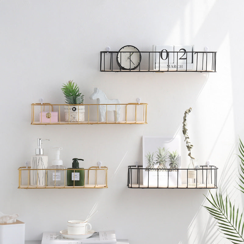 Perforation free storage rack holding decorative items on a smooth indoor wall