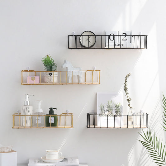 Perforation free storage rack holding decorative items on a smooth indoor wall