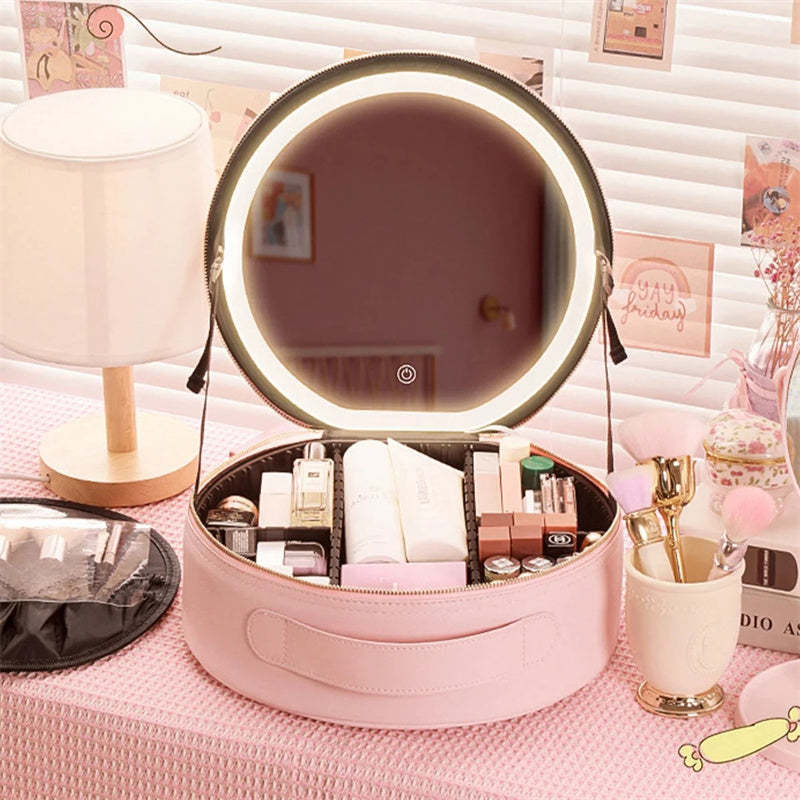 Round smart LED makeup bag with illuminated mirror open showing cosmetics inside