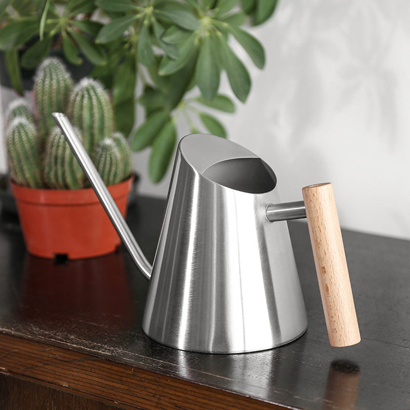 Stainless steel watering pot with long spout placed near indoor houseplants