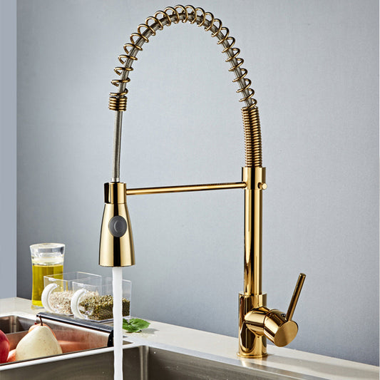 Two-speed spring copper kitchen sink faucet with pull-down sprayer on sink