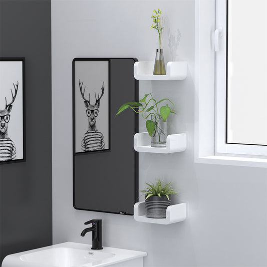Waterproof wall mounted bathroom shelf holding toiletries near a shower
